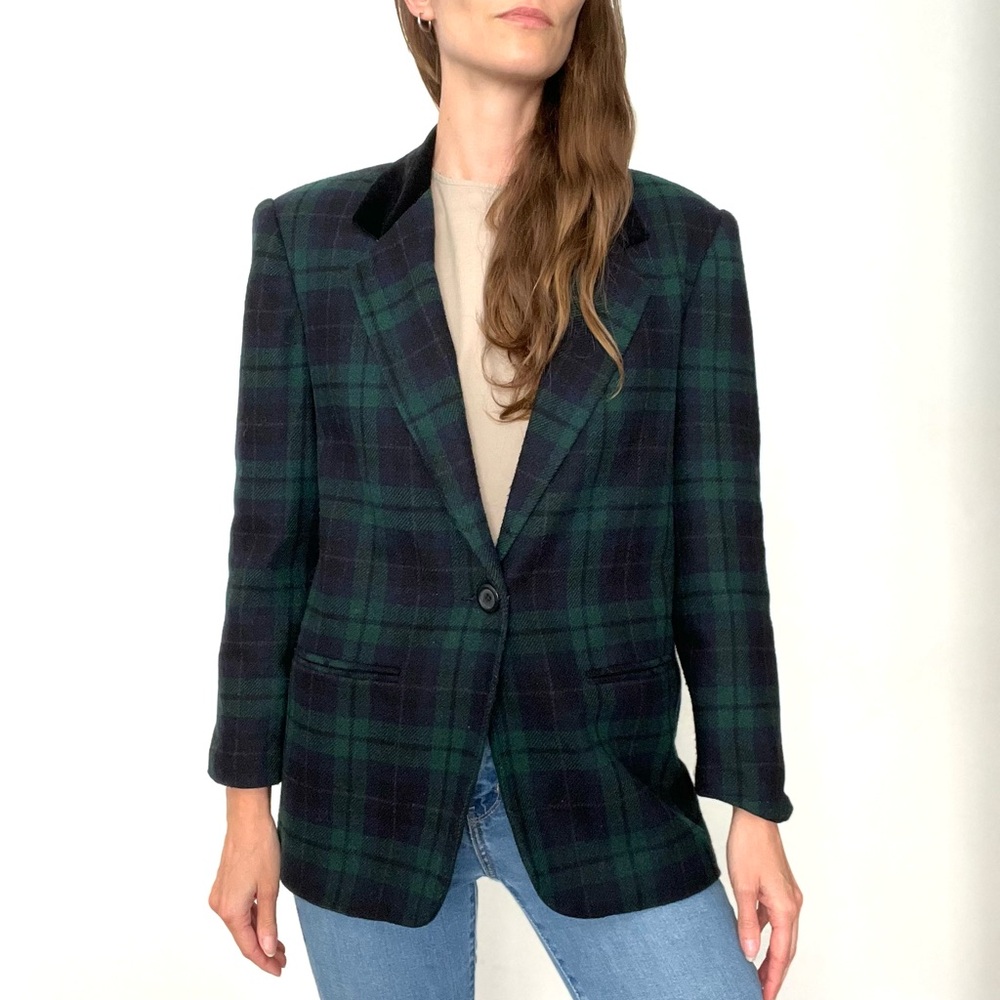 EUC Vintage Green & Purple Plaid Velvet Collar Wool Blazer Jacket